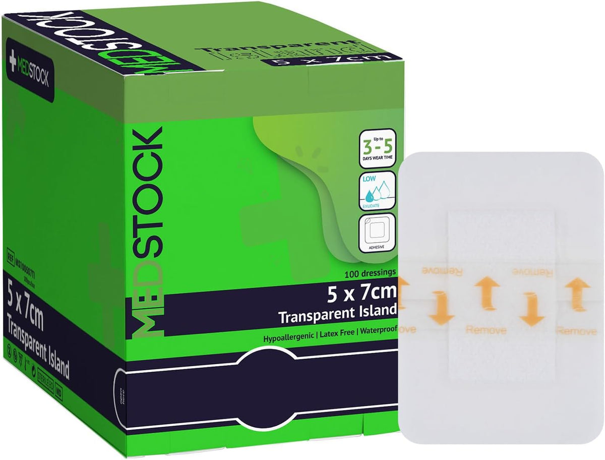 MEDSTOCK Transparent Island Dressing, 5CM X 7CM, 100 count, Waterproof Dressing, Polyurethane Coat, Highly Breathable, Medical Grade, Acrylic Adhesive, Waterproof, Wound Monitoring and Healing