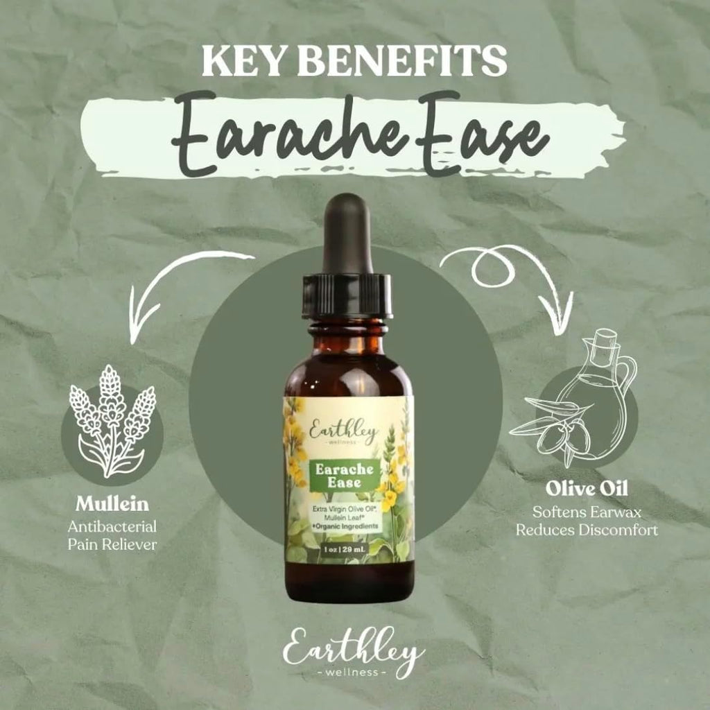 Earthley Wellness Earache Ease, Organic Herbal Ear Comfort Drops with Mullein Leaf & Olive Oil, Safe for Babies, Kids & Adults, Clean Formula, Packaging May Vary (1 oz)