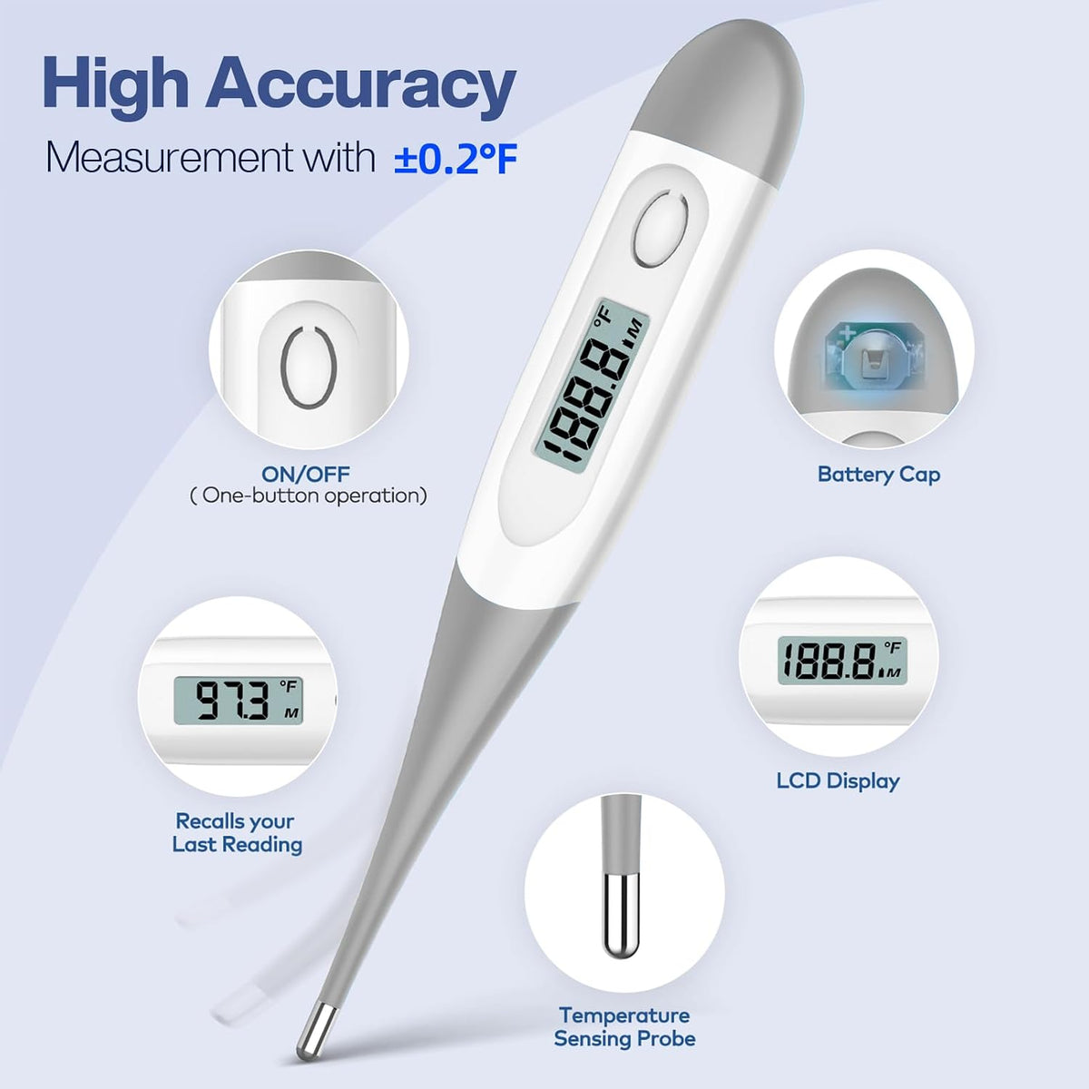 Boncare Digital Thermometer for Adults, Kids & Babies, Gray | Accurate & Safe Oral and Rectal Thermometer with 10-Second Reading and Fever Alarm