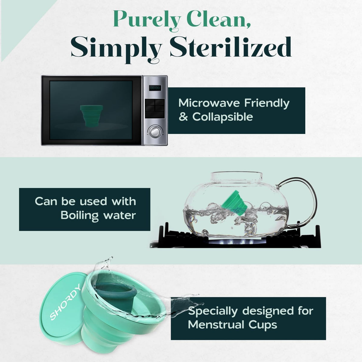 SHORDY Menstrual Cup Beginners Kit, Menstrual Cup PH Balanced Gel Cleaner Wash, Collapsible Sterilizer Cup and Silicone Period Cups (Small & Large), An Alternative to Tampons, Pads and Disc for Women