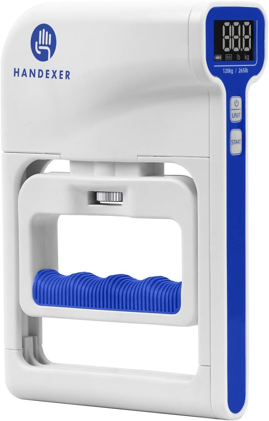 Digital Grip Strength Tester, 265 lb Hand Dynamometer, White | 265 lb Capacity; 0.2 lb Accuracy; Backlit LCD; Adjustable Grip; FDA Registered; 2-Year Warranty