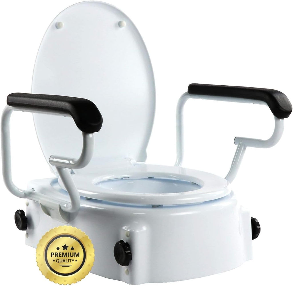 OrtoPrime Tilting WC Lift with Folding Armrests – Height Adjustable 5, 10 and 15 cm – Raised Toilet with Lid – Portable Toilet Lift