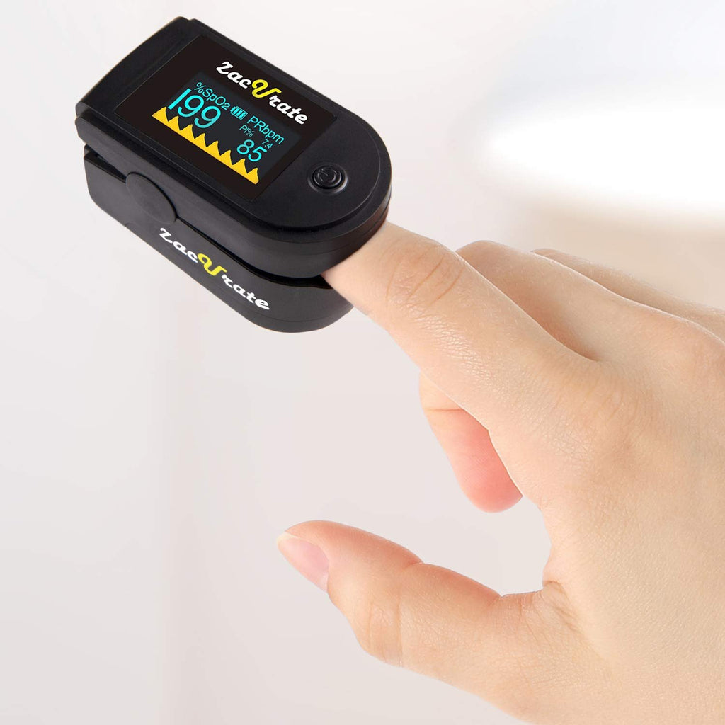 Zacurate 500 Series Fingertip Pulse Oximeter Blood Oxygen Saturation Monitor with Silicon Cover, Batteries and Lanyard (Mystic Black - OLED)
