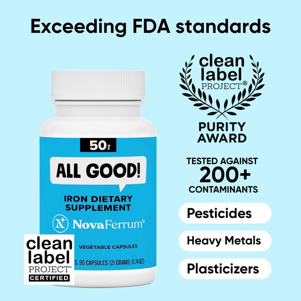 NovaFerrum All Good | Iron Capsule Supplements for Adults | Anemia | 50mg of Iron | 90 Servings | Sugar Free | Vegan | Gluten Free | Clean Label Project Purity Award winner, tested against 200+ contaminants, vegan, sugar free and gluten free formula