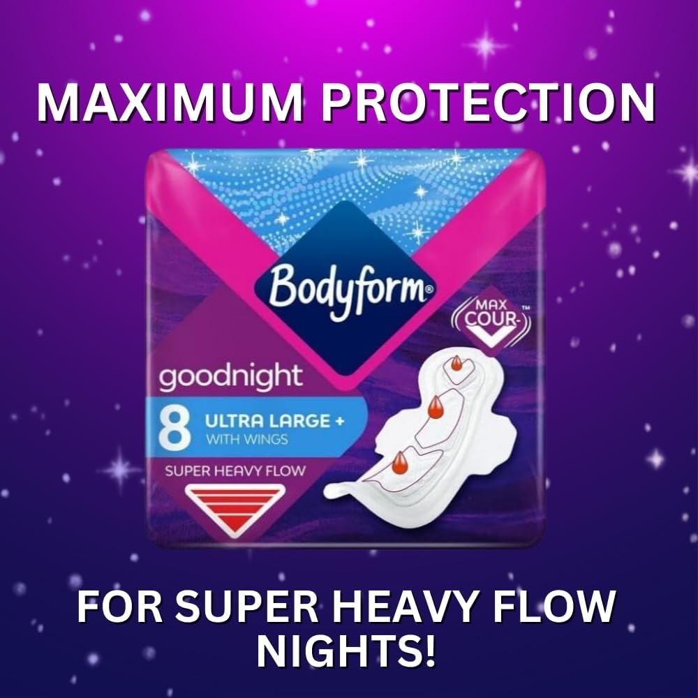 Bodyform Ultra Goodnight Winged Sanitary Pads for Women, Super Heavy Flow, Night Use, 48 Pads, 6 Packs of 8 Period Pads, Cour-V Ultra Night Series, Absorption