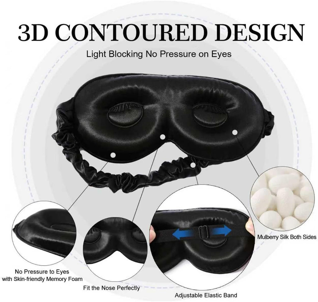 ZIMASILK Adjustable 22 Momme 100% Pure Mulberry Silk Sleep Mask | 3D Contoured Cup Eye Mask, Soft Breathable Blindfold for Women Men, Perfect Blocks Light for Sleeping (Black)