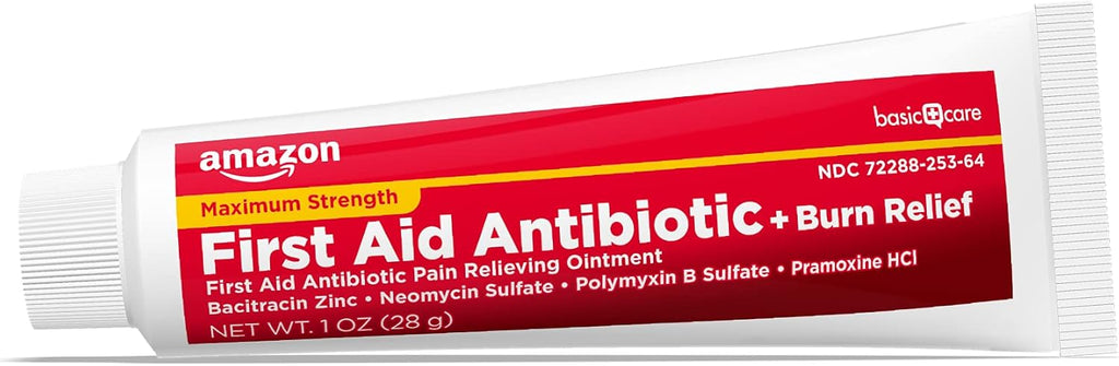 Amazon Basic Care First Aid Antibiotic + Burn Relief, Maximum Strength Triple Antibiotic Ointment for Minor Cuts, Scrapes, Infection Protection, 1 ounce (Pack of 1)