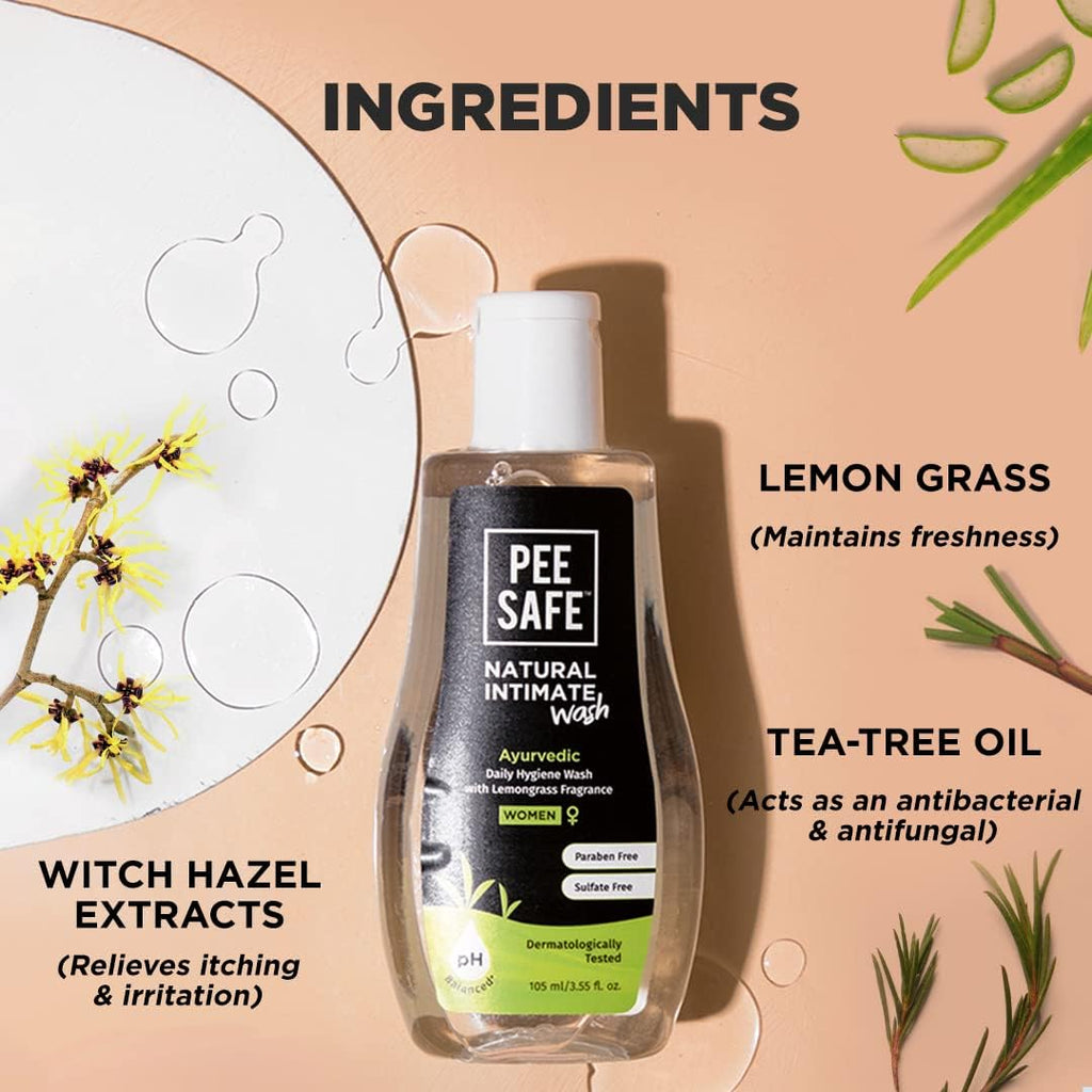 Pee Safe Intimate Wash For Women 105ml Natural Ayurvedic with Lemongrass Fragrance and 100% Alcohol-Free | pH Balanced | Paraben-Free | Sulfate-Free