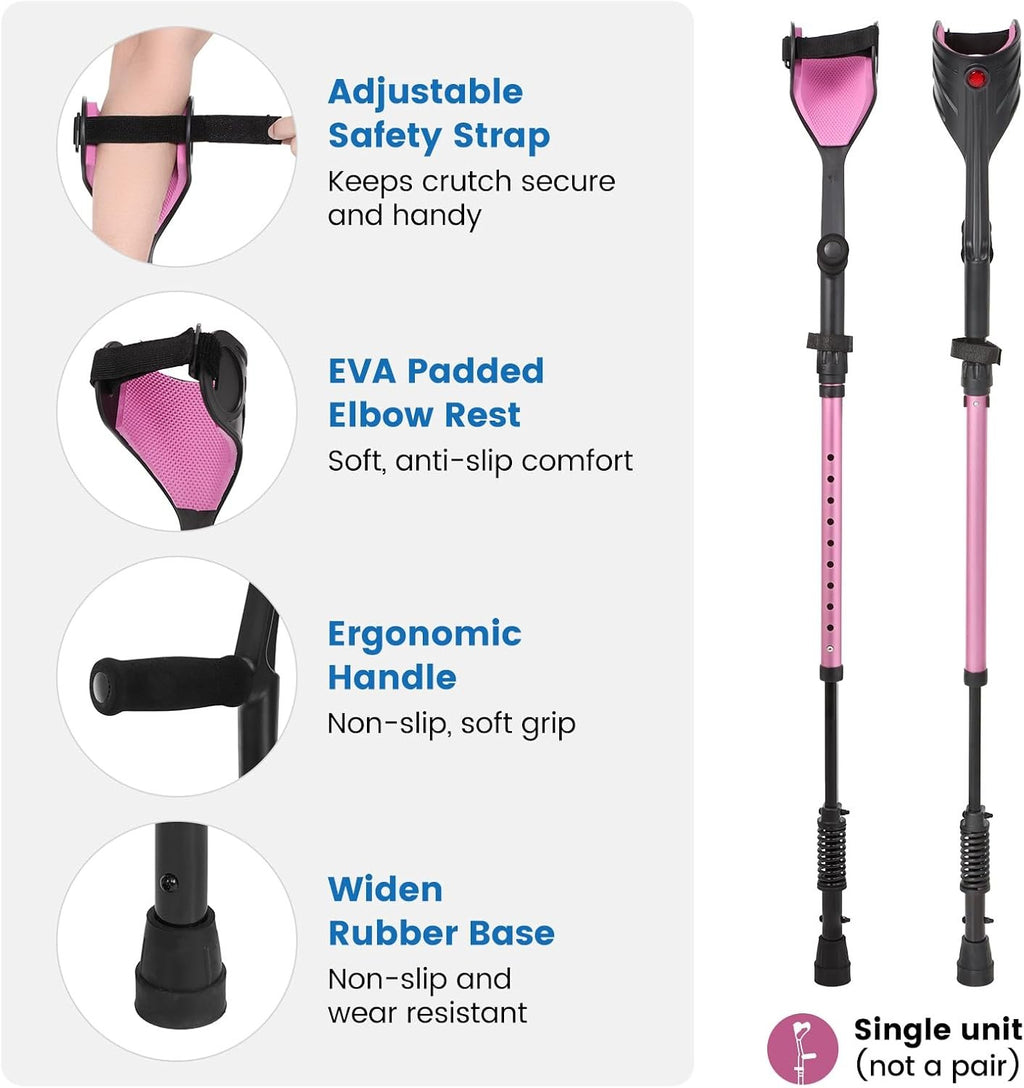 Forearm Crutches Spring Assist Crutches for Adults Not a Pair | Height Adjustable, Comfortable, Arm Crutches Forearm with Anti-Slip Tips,Walking Crutches with Cuffs for Seniors Rehab, Pink