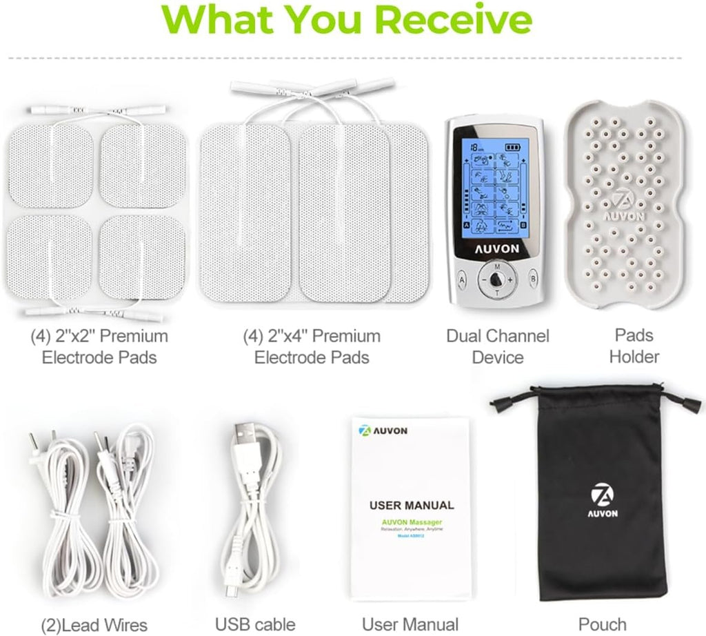 AUVON Dual Channel TENS Unit Muscle Stimulator Machine with 20 Modes, 2" and 2"x4" TENS Unit Electrode Pads