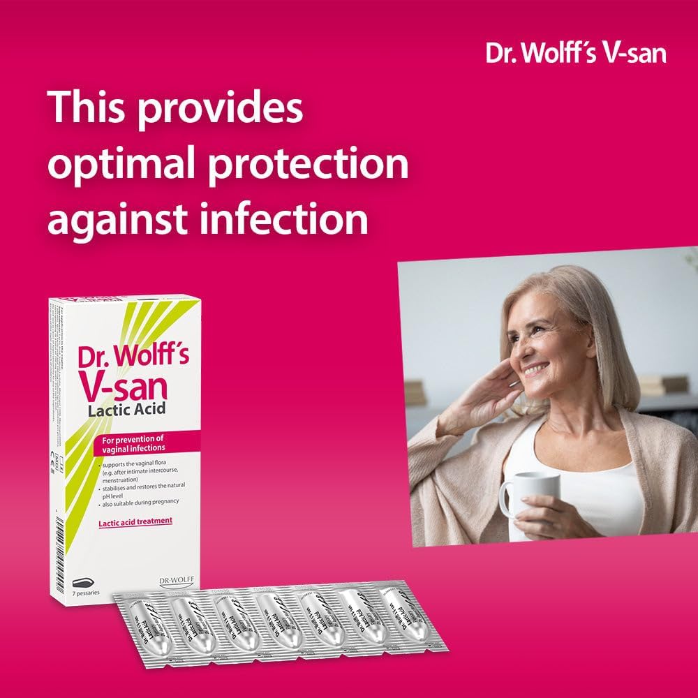Dr. Wolff's V-san Lactic Acid for Prevention of Vaginal Infections 7 pcs | Restores Vaginal pH | Restore natural Vaginal health | Prevent reoccuring vaginal infections | Hormone-Free | Safe to use with Condoms
