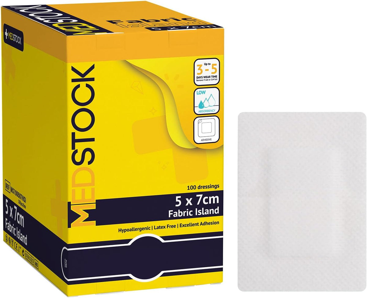 MEDSTOCK Fabric Island Dressing, 5CM X 7CM, 100 Count, Adhesive Wound Care, Suitable for Surgical Wounds, Grazes, Highly Breathable, Hypoallergenic, Non-Woven Fabric, High Absorption Fabric Pad