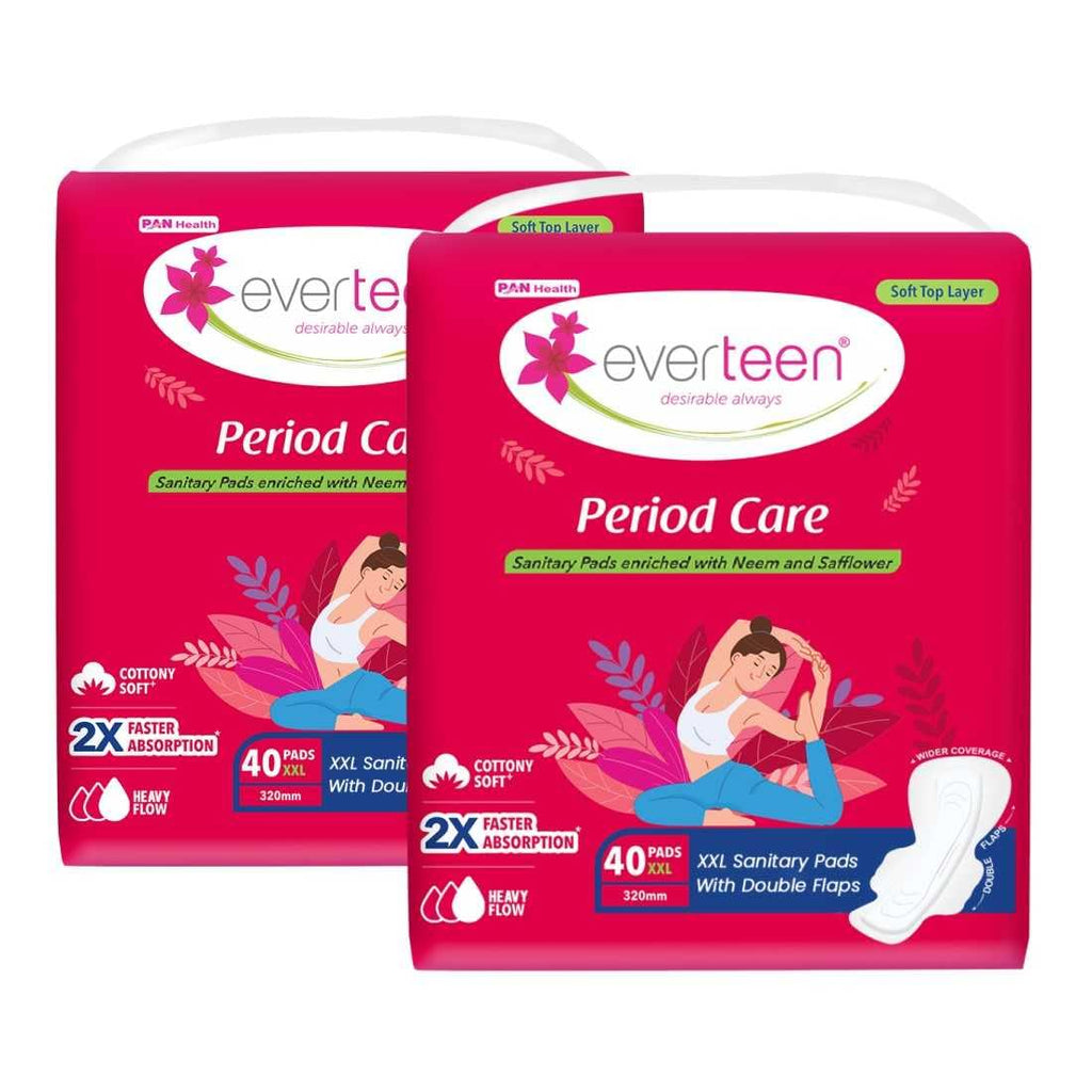 everteen Sanitary Pads XXL for Women 80 Pads, Cotton Soft Sanitary Napkin XXL 320mm, Extra Long Pad for Heavy Flow, Wider Back Coverage for No Stains, Rash Free 8 Layer Protection (40 Pads Each) Pack of 2