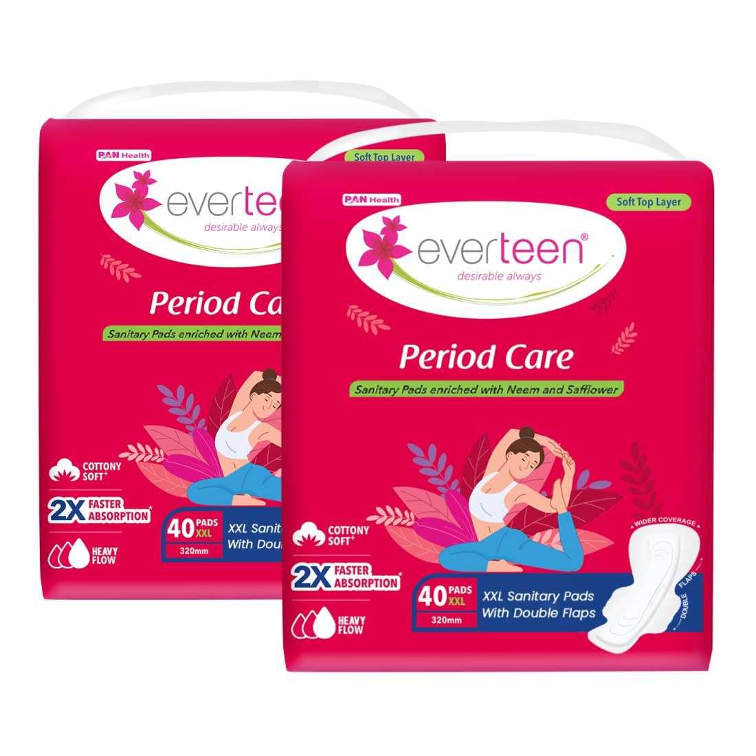 everteen Sanitary Pads XXL for Women 80 Pads, Cotton Soft Sanitary Napkin XXL 320mm, Extra Long Pad for Heavy Flow, Wider Back Coverage for No Stains, Rash Free 8 Layer Protection (40 Pads Each) Pack of 2
