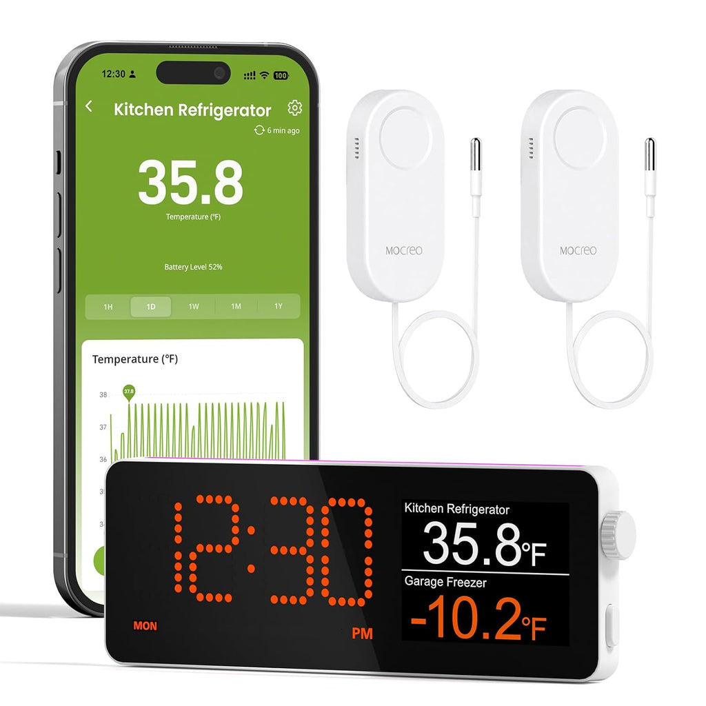 WiFi Freezer Thermometer Alarm with Digital Monitor Hub, App and Email Alerts, 2-Year Data Export, No Subscription Fee, 2 Remote Temperature Sensors for Home Refrigerator, Fridge, Freezer