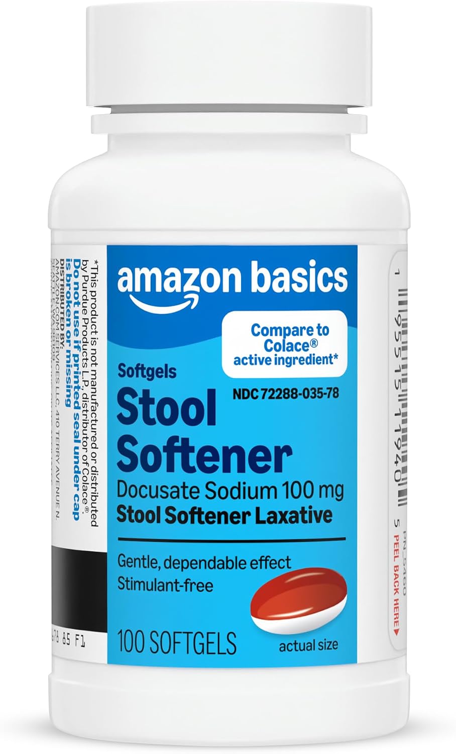 Amazon Basics Stool Softener Laxative, Docusate Sodium 100 mg, Softgels, for Constipation Relief, 100 Count (Previously Care)
