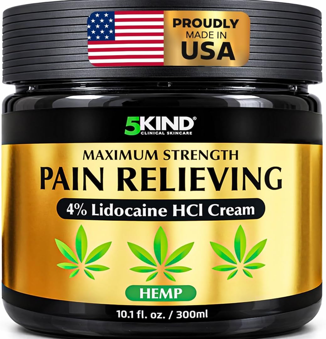 5Kind Extra Strong Lidocaine Cream with Hemp 10.1 fl oz Pain Relief Cream | Lidocaine Cream Maximum Strength Soothing Pain Relief Massage Gel - Lidocaine Numbing Cream Muscle Pain Relief - Made in USA