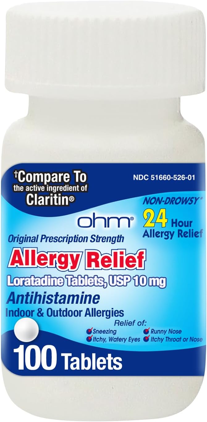 Ohm Allergy Pills - Loratadine Allergy 24 Hour Non Drowsy Relief for Seasonal Allergies, Sneezing - Loratadine 10 mg Antihistamine for Effective Non-Drowsy 24-Hour Symptom Relief - 100 Count
