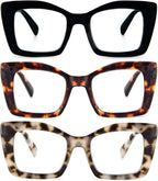 Oversized Square Reading Glasses for Women, Blue Light Blocking Large Frame Computer Readers Spring Hinge
