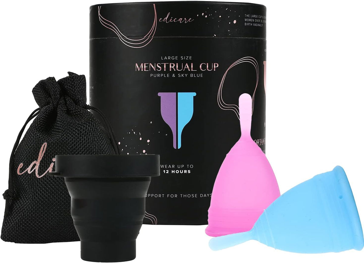 Edicare, Menstrual Cup, Includes Two Cups, 1 Sterilizer and a Carry Bag, Medical Grade Silicone, Soft, Reusable and Washable 100% Safe (L - Special Edition)