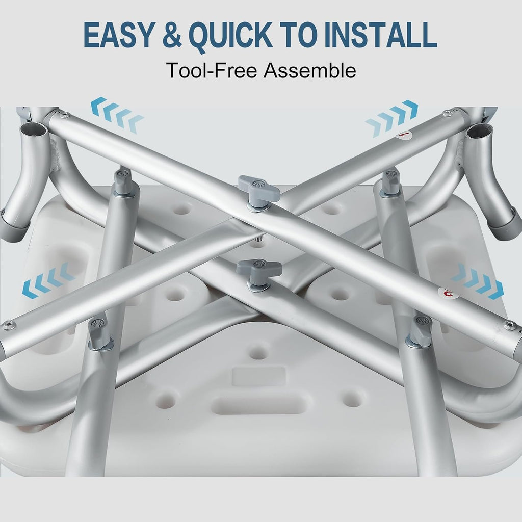 550lb Adjustable Shower Chair with Arms, Back and Suction Cup Feet | 6 height settings from13.4–18.1in, reinforced crossbars and tool-free assembly for easier setup and daily bathing.