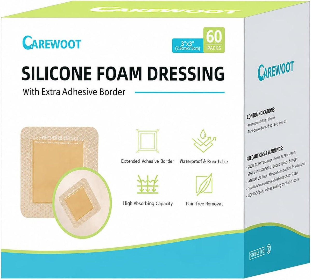 60 Pack Silicone Foam Dressing 3''x3'' with Gentle Border | FSA Eligible HSA, Skin Wound Care, Self Adhesive Waterproof Bandages Absorbent Pads for Elderly Skin Protection, Post-Op