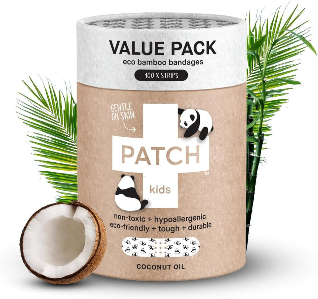 PATCH 100 Pieces, Coconut Oil, Value Pack, Kids Panda Eco-Friendly Bamboo Adhesive Bandages for Scratches & Grazes, Hypoallergenic Wound Care for Sensitive Skin, Biodegradable, Latex & Plastic Free