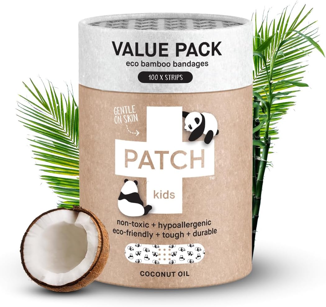 PATCH 100 Pieces, Coconut Oil, Value Pack, Kids Panda Eco-Friendly Bamboo Adhesive Bandages for Scratches & Grazes, Hypoallergenic Wound Care for Sensitive Skin, Biodegradable, Latex & Plastic Free