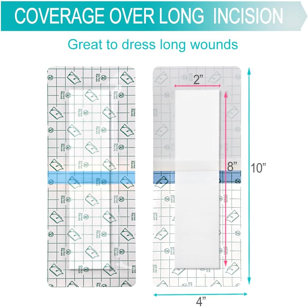 Waterproof Incision Bandages for Large Wounds Knee Hip Replacement Adheisve Island Dressing Bandaid Tape Post Surgical Shower Protector, No Glue On Center 4 x 10 Inch (Pack of 14)
