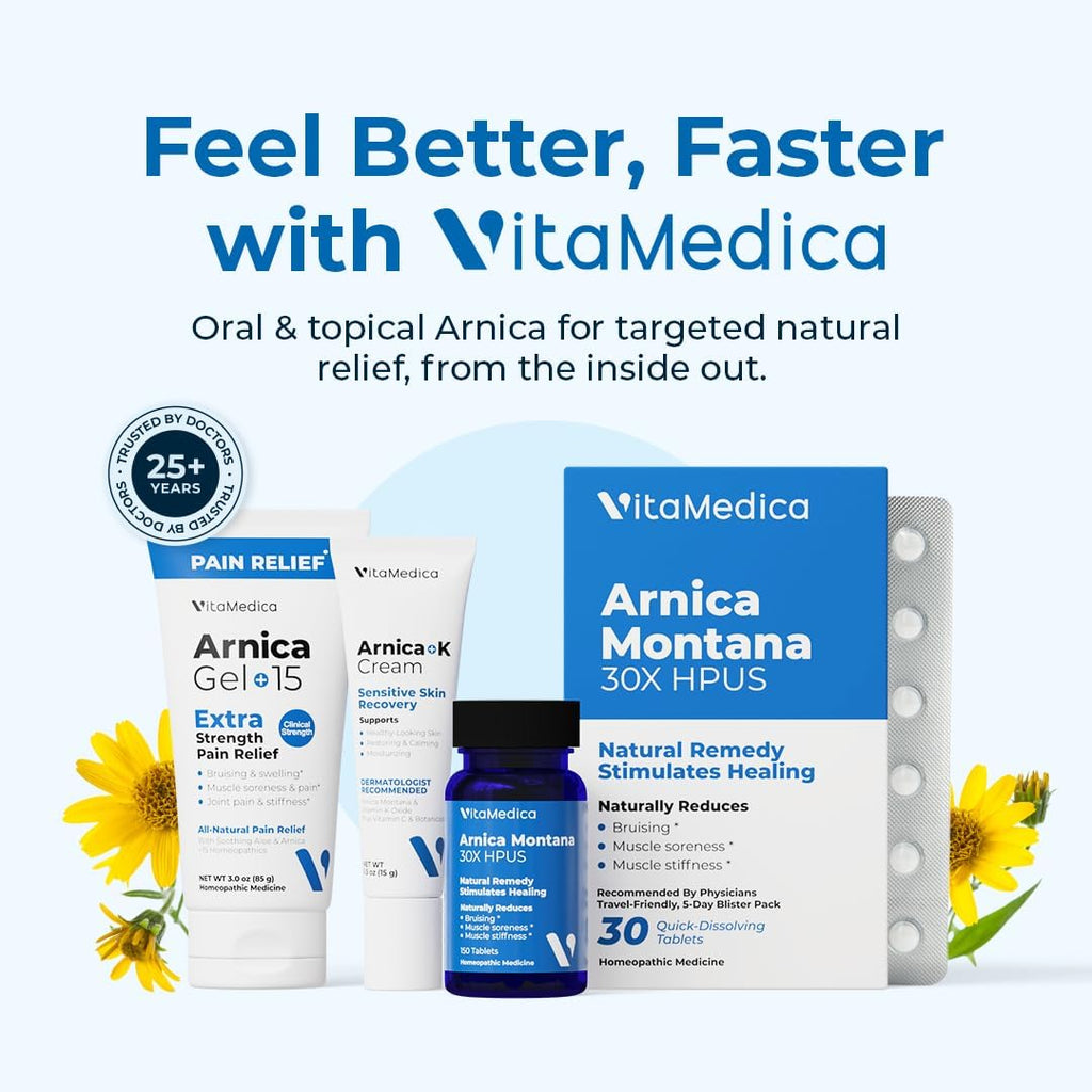 VitaMedica Arnica Tablets & Gel Bundle - 150 Tablets + 3 oz Gel | Support for Bruising, Swelling & Soreness, Rapid-Dissolve 30X Tablets + Water-Based Topical Gel, Plant-Based