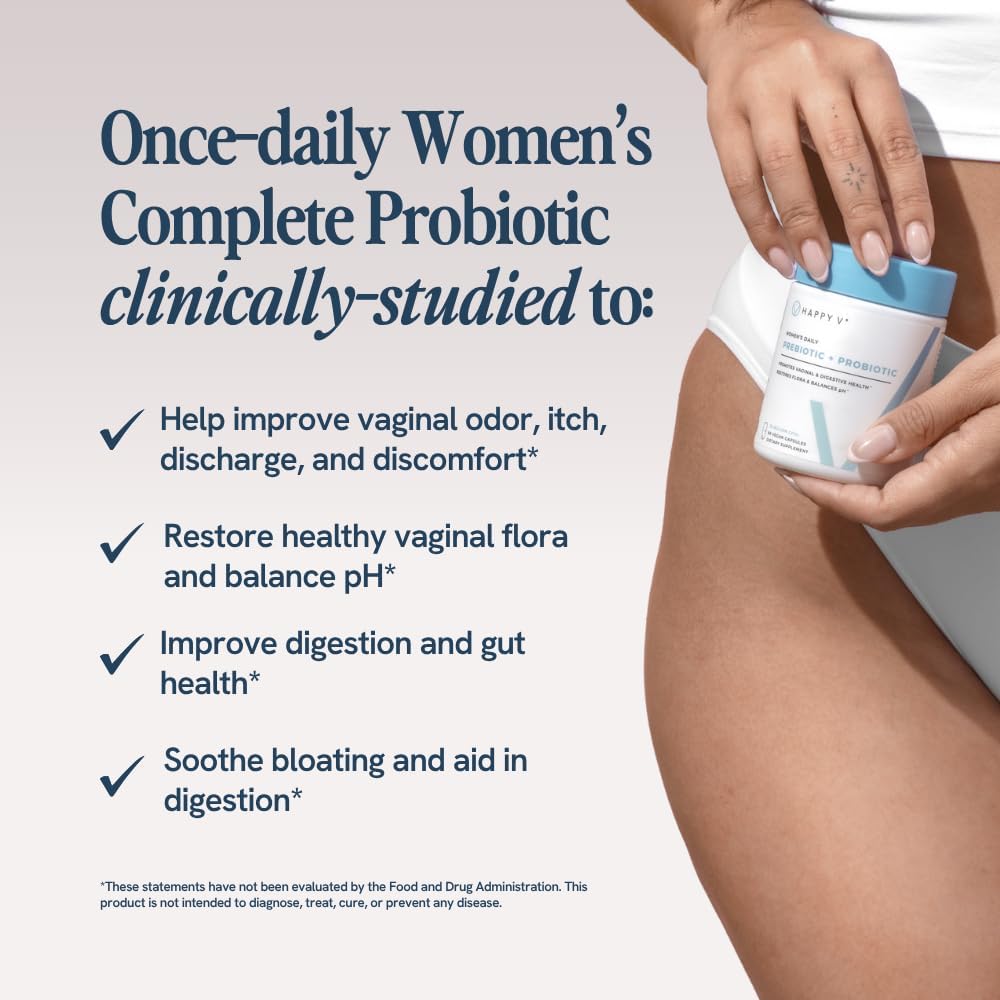 Happy V Dr. Formulated Vaginal Probiotics for Women Odor & Itch Support, Urinary & Gut Health, pH Balance | Womens Daily Probiotic with Patented Prebiotics & Lactobacillus for Feminine Wellness