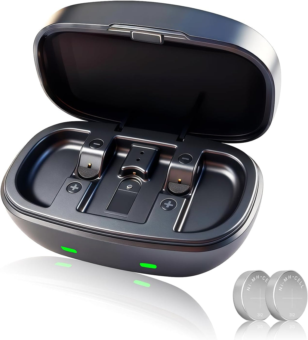 312 Hearing Aid Battery Case Charger with 2 Pack 312 Rechargeable Batteries Long Lasting for Bluetooth & Non-Bluetooth Hearing Aids