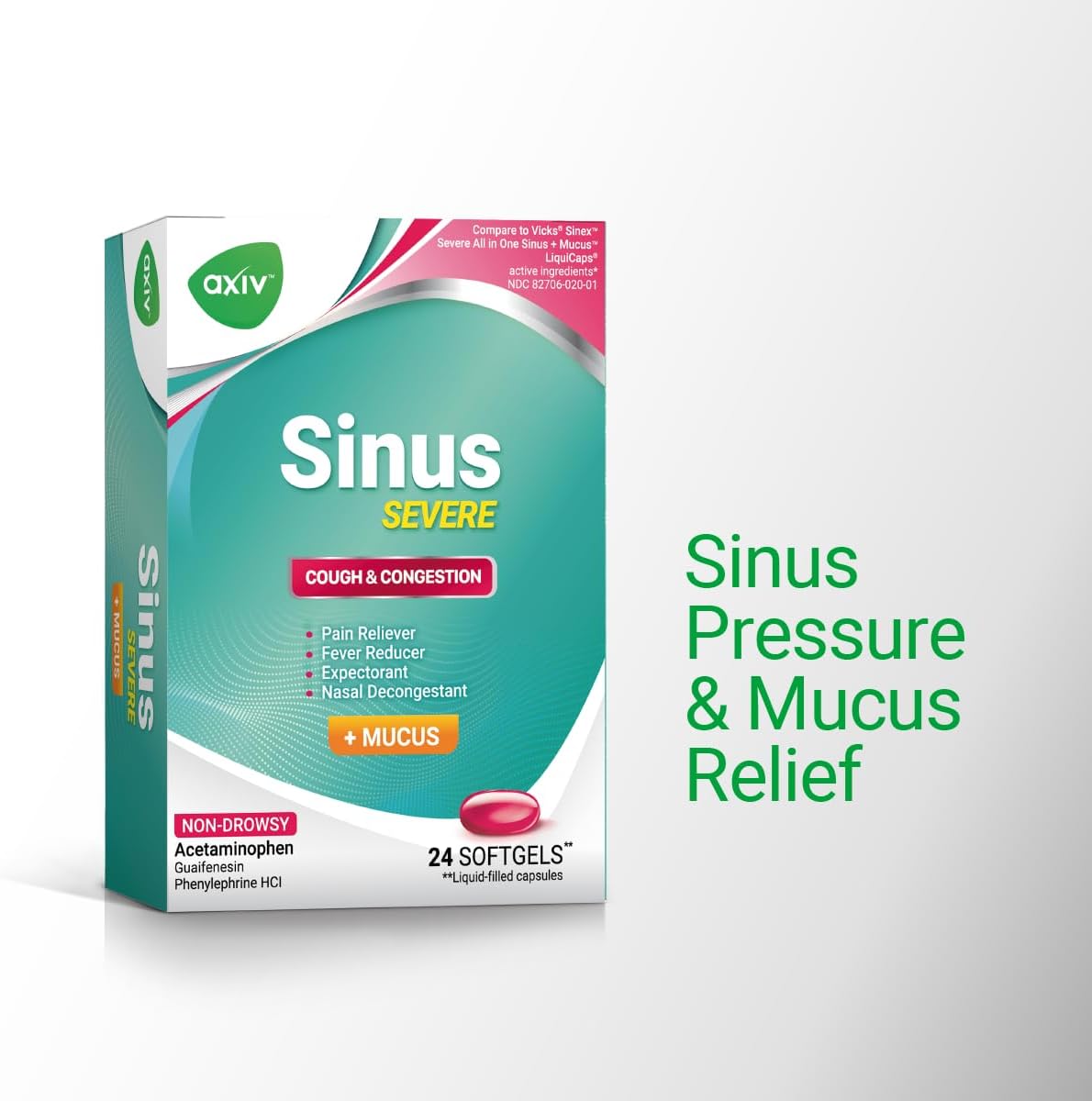 AXIV Sinus Severe + Mucus Relief, Non-Drowsy, Loosens Mucus, Maximum Strength Relief of Pain, Pressure, Congestion, & Headache Ease, 24 Softgels.