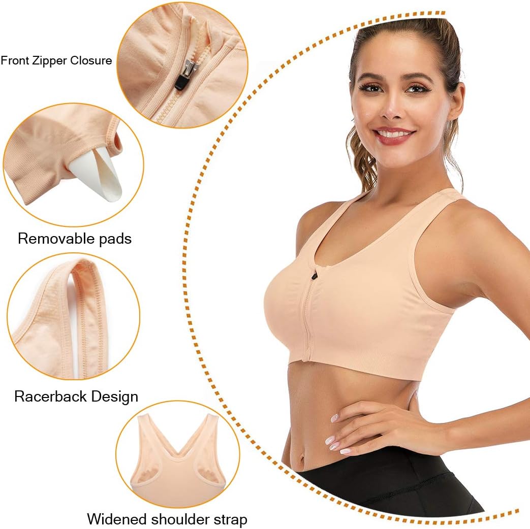 Womens Zip Front Sports Bra Wireless Post-Surgery Bra Padded Strappy Medium Support Yoga Exercise Athletic Bras