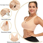 Womens Zip Front Sports Bra Wireless Post-Surgery Bra Padded Strappy Medium Support Yoga Exercise Athletic Bras