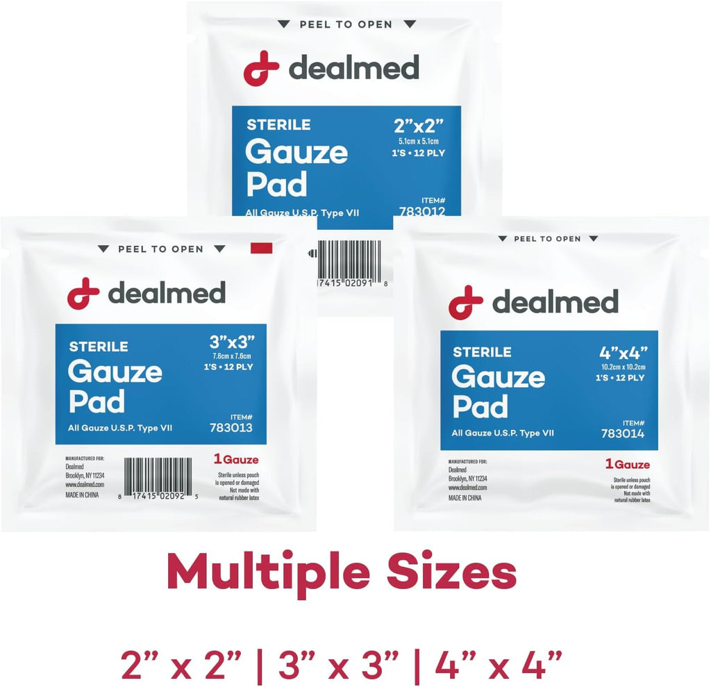 Dealmed 2’’ x 2’’ Sterile Gauze Pads (100 Count) Disposable and Individually Wrapped Medical Gauze Pads, Wound Care Product for First Aid Kit and Medical Facilities (Pack of 1)