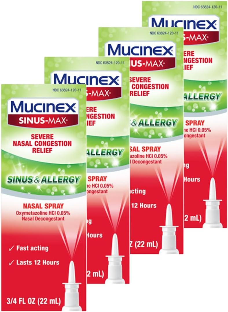 Mucinex Sinus-Max Nasal Spray for Sinus & Allergy, Fast-Acting & Fragrance Free, 12 Hour Severe Nasal Congestion Relief, 0.75 Fl Oz (Pack of 4)