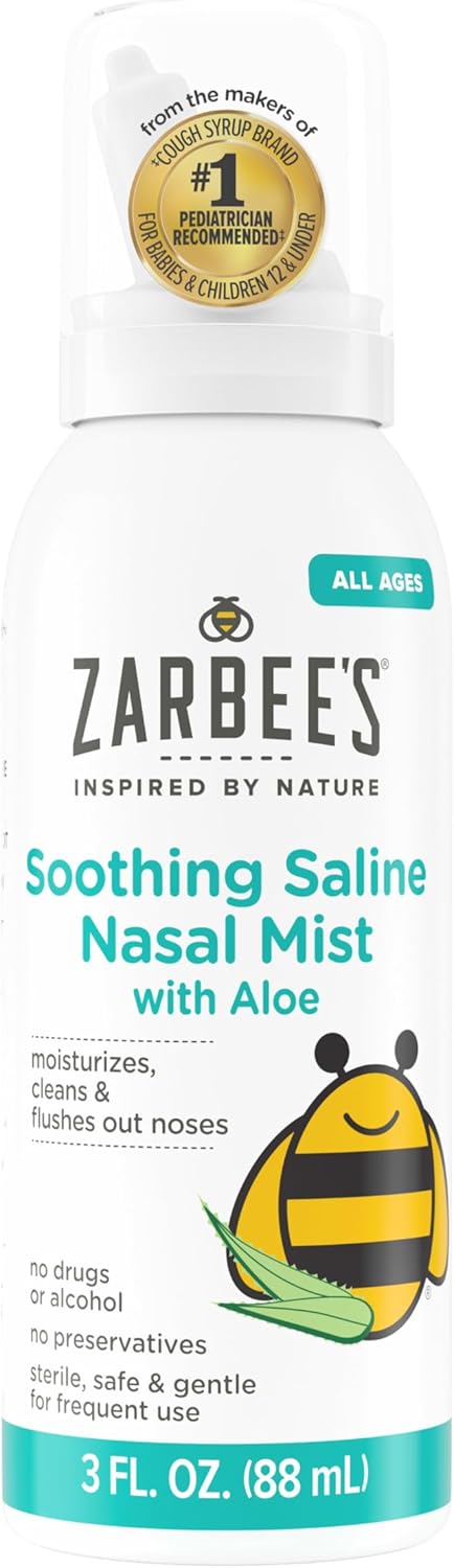 Zarbee's Soothing Saline Nasal Mist with Aloe, 3 fl oz | For Ages 0+ Months, Saline Spray, Clears Out & Moisturizes Noses, Loosens Mucus, Clears Nasal Passageways, Drug-Free