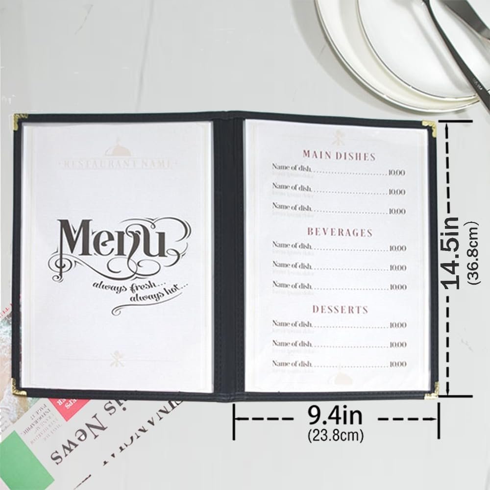 Goodsmart Restaurant Menu Covers – 25 Pack Black 4-View 8.5" x 14", Side-Loading Vinyl & Plastic Menu Holders, Clear Menu Sleeves, Leather-Style Café Covers with Gold Corners