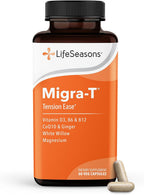LifeSeasons Migra-T Tension Ease – Headache & Migraine Support Supplement with Feverfew, White Willow, Magnesium, CoQ10 & Ginger – Tension, Light Sensitivity & Nervous System Balance - 60 Capsules