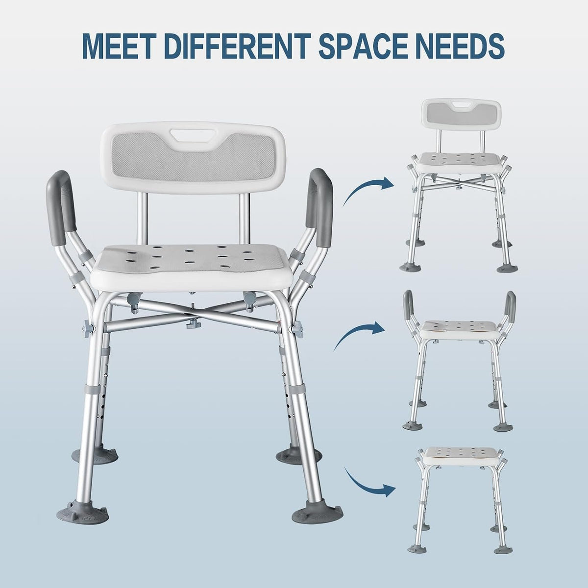 550lb Adjustable Shower Chair with Arms, Back and Suction Cup Feet | 6 height settings from13.4–18.1in, reinforced crossbars and tool-free assembly for easier setup and daily bathing.