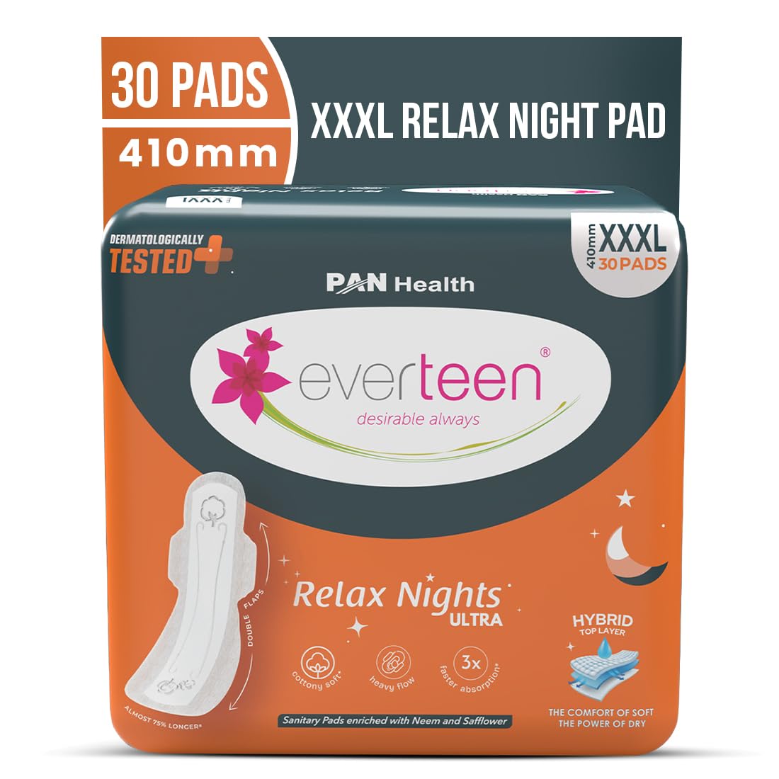 everteen Relax Night 30 XXXL Ultra Thin Sanitary Pads for Women, For Super Heavy Flow with Wider Back, Front to Back Coverage, Upto 12 Hours of Absorption, Maternity Pads, Pack of 1 (410mm)