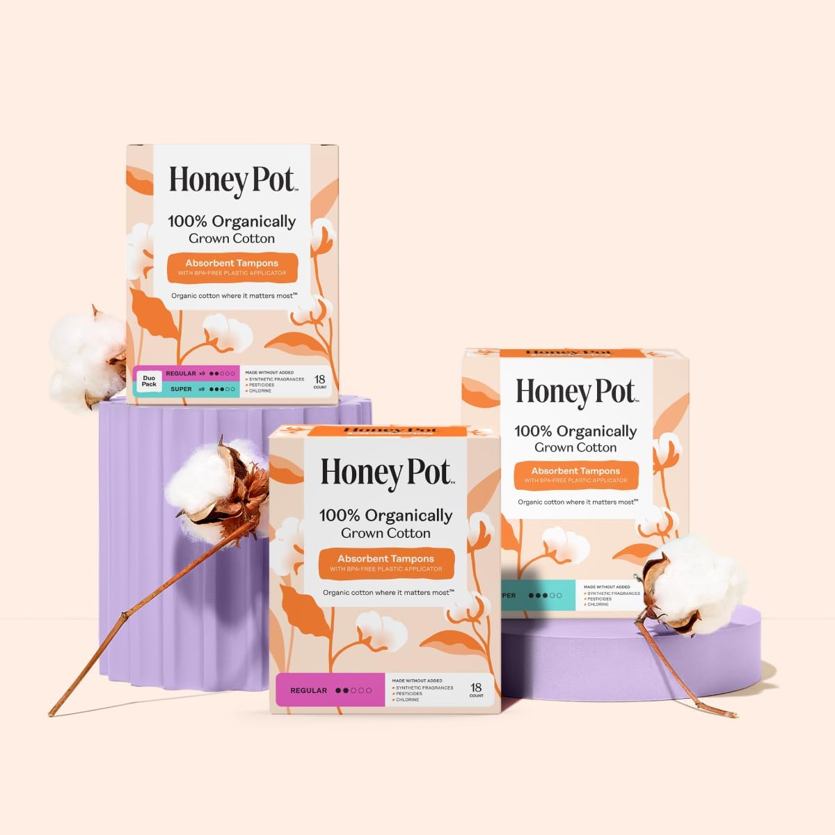 The Honey Pot Company - 100% Organic Cotton Tampons - Regular Absorbency | Multipack - Tampons w/BPA Free Plastic Applicator - Unscented - Without Fragrances or Chlorine - Feminine Care - 54ct