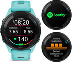 Garmin Forerunner 265 Music GPS Running 46 mm Smartwatch, Aqua with AMOLED 1.3 in Touchscreen Display Black Earbuds Bundle, Aqua +Blk EarBuds