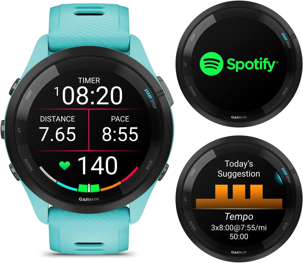 Garmin Forerunner 265 Music GPS Running 46 mm Smartwatch, Aqua with AMOLED 1.3 in Touchscreen Display Black Earbuds Bundle, Aqua +Blk EarBuds