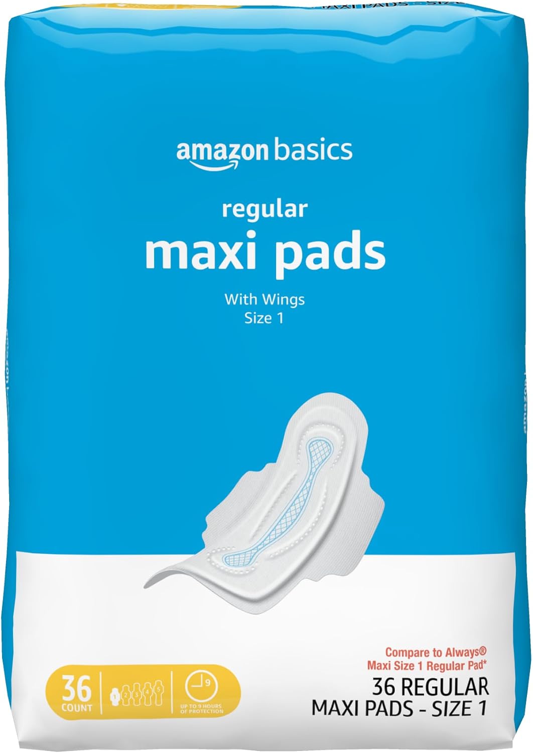 Amazon Basics Thick Maxi Pads with Wings for Periods, Regular Absorbency, Feminine Pads, Unscented, Size 1, 36 Count