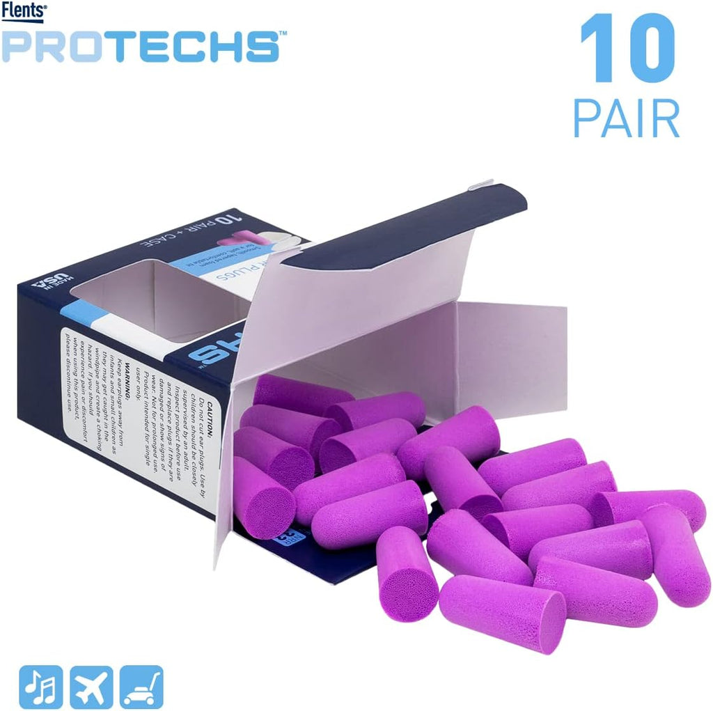 Flents Protechs Quiet Time Foam Ear Plugs, NRR 33, 10 Pair, Purple | Reusable Foam Ear Plugs for Sleeping, Snoring, Loud Noise, Traveling, Concerts, Construction, Studying, Work & Shooting