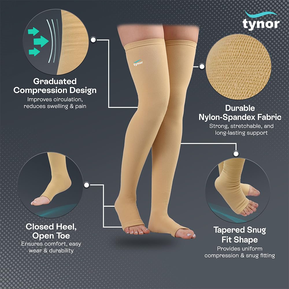 Tynor Compression Stocking Mid Thigh Classic, Beige, Large, 1 Pair