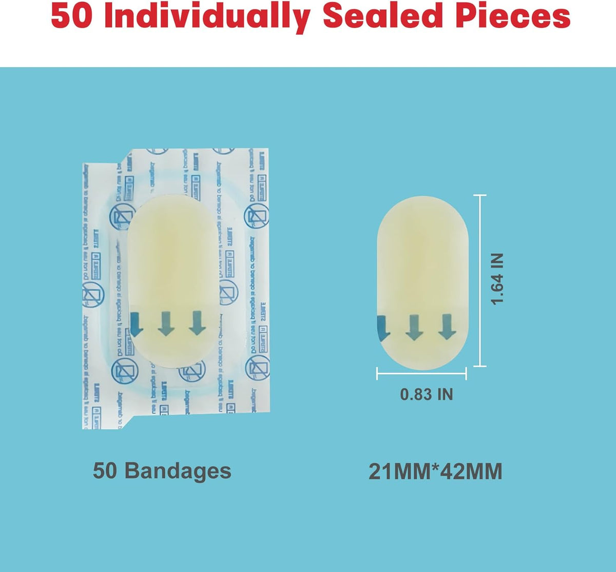 Advanced Fast Healing Hydrocolloid Gel Bandages, Adhesive Wound Care Pads, 0.83 x 1.65 in, 50 Count