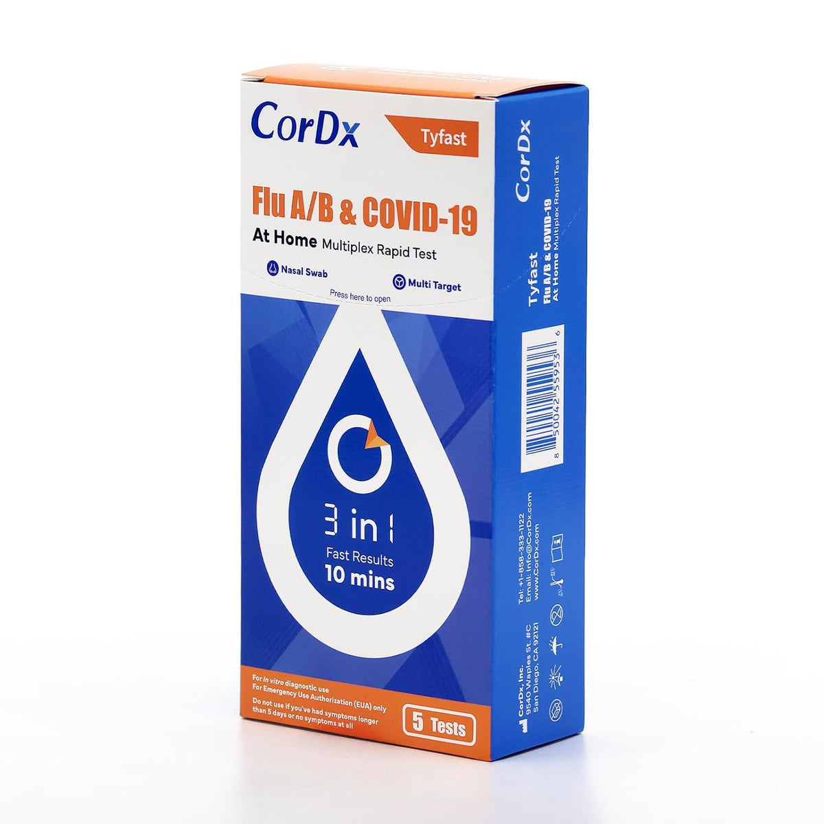 CorDx Flu A/B & COVID-19, At Home 3-in-1 Rapid Test Kit, 5 Tests